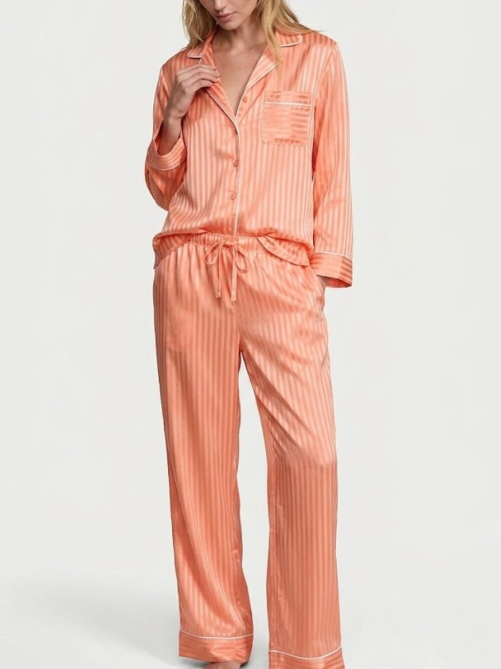 Victoria’s Secret Orange Stripe Print Signature Satin Long Panama Set in Size XS